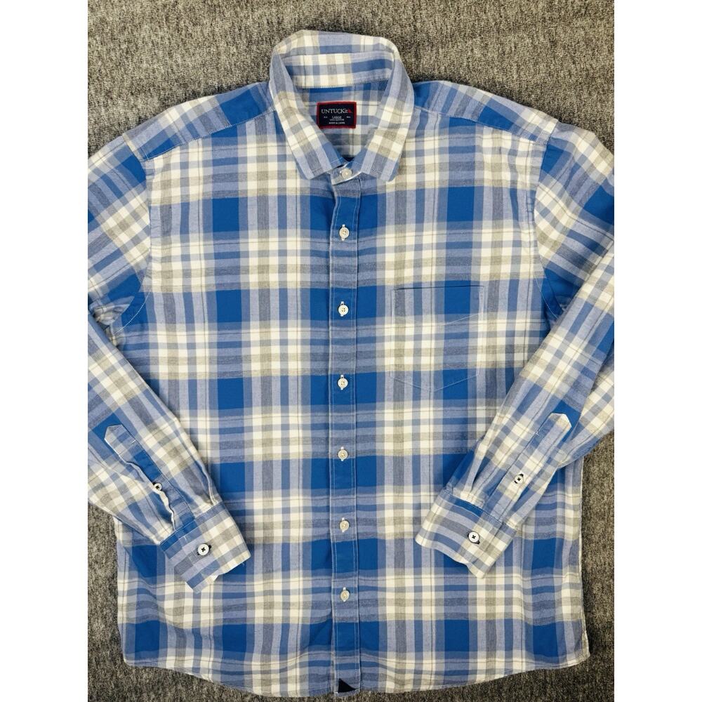 Mens UNTuckit Blue & Gray Plaid Button Up Casual Shirt Size Large